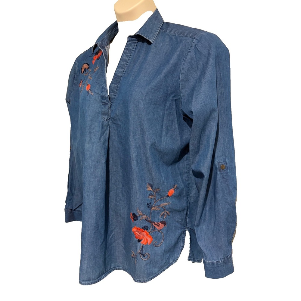Sonoma‎ Blue Denim Top~L~100% Cotton Embroidered Floral & Bird Roll Slvs Boho